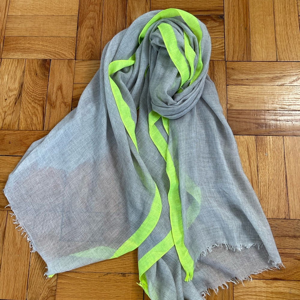 New Gap sheer cotton scarf with neon green trim, 30” x 74”.